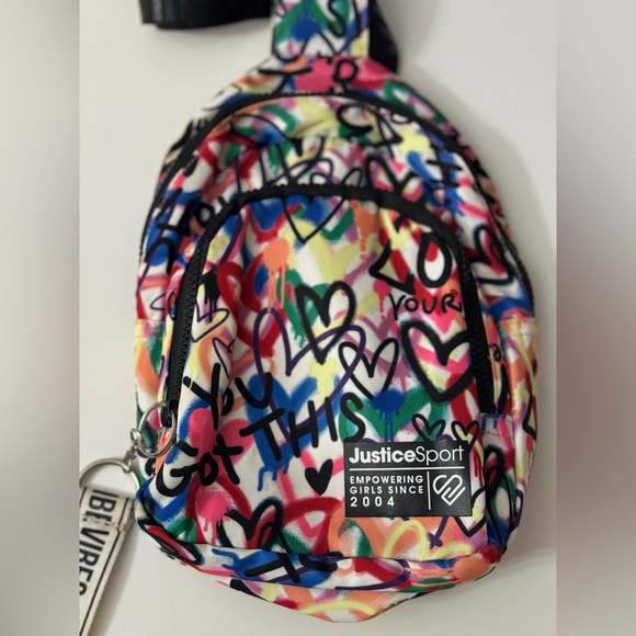 Justice Girls One Shoulder Sling Backpack w Graffiti Pattern! Keychain/Logo RDY! - Picture 2 of 4